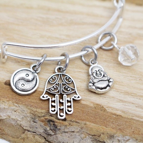 Yin Yang, Hamsa & Buddha - Handcrafted Adjustable Charm Bangle - Picture 2 of 4